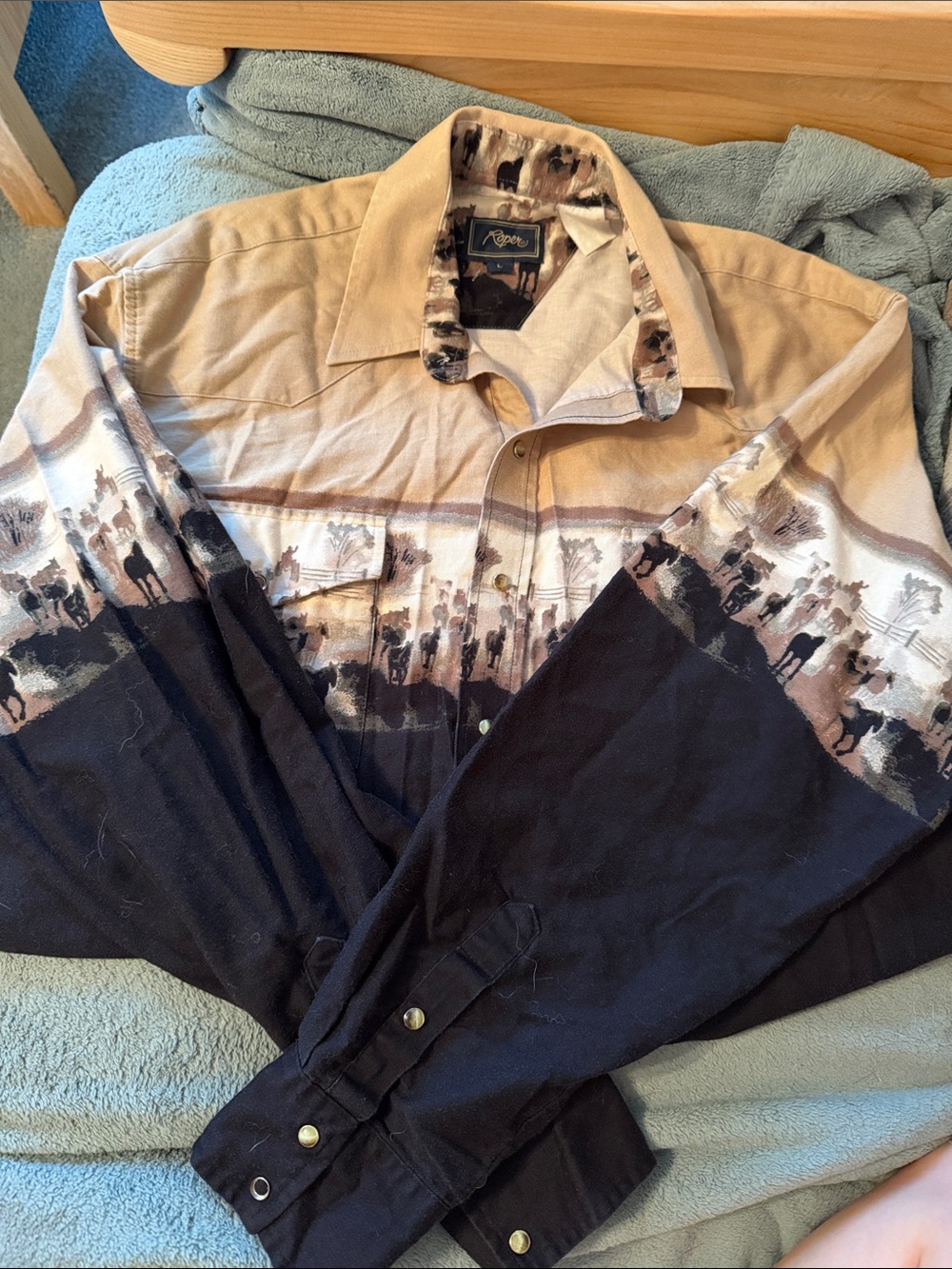 Roper Western Horse Ranch Scene Pearl Snap Shirt Men’s L